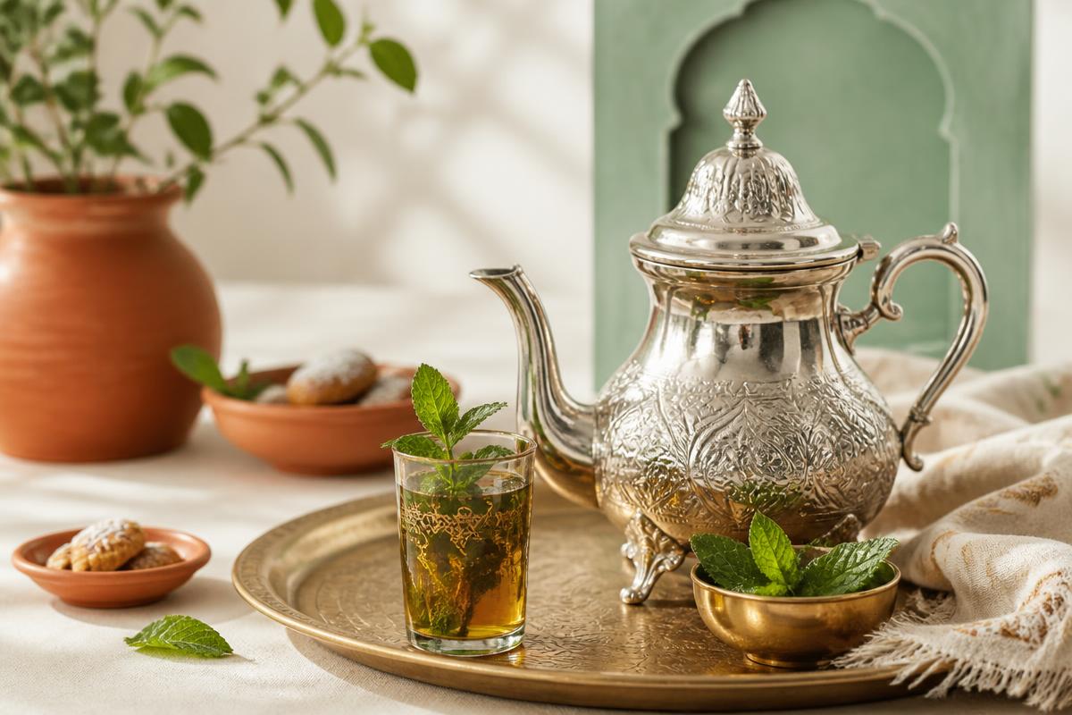 Traditional Moroccan mint tea setup with a silver teapot and fresh mint